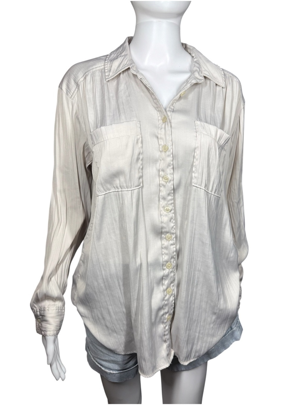 Anthropologie Crinkle Button Up Pocket Blouse Silver Gray Small